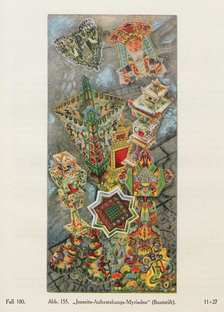A colorful illustration of a fantastical city with intricate buildings, a butterfly, and geometric patterns.