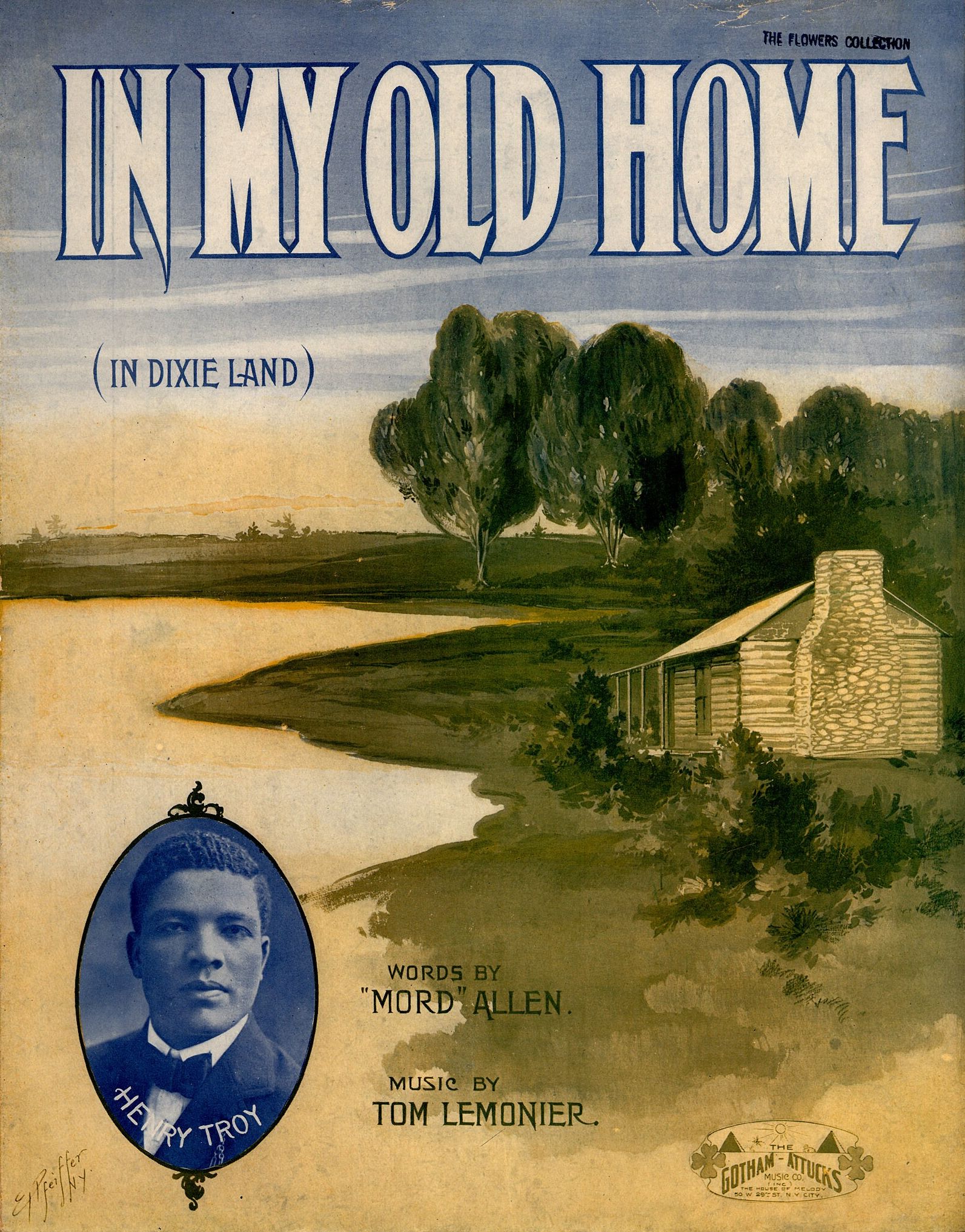 Vintage sheet music cover for "In My Old Home (In Dixie Land)", featuring a portrait of Henry Troy and a pastoral scene.