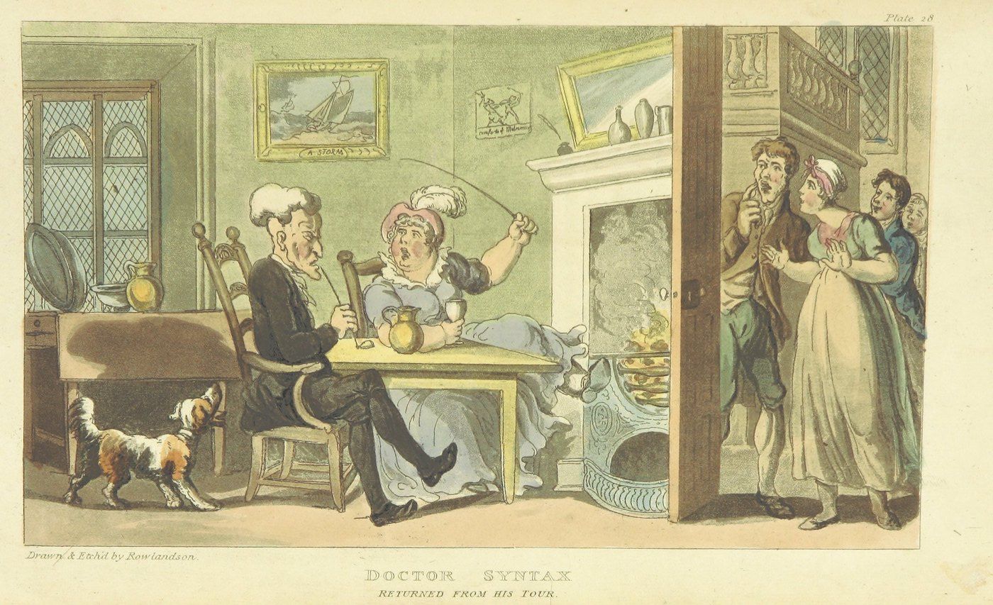 A hand-colored etching titled "Doctor Syntax Returned From His Tour." The scene depicts a rustic interior with a man, a woman, a boy, and a dog. In the background, a doorway leads to another room with a man and a woman standing in it.