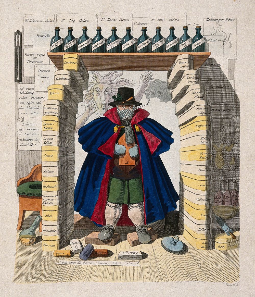 Vintage engraving of a man in an apothecary shop, surrounded by bottles, rolls of paper, and a cat.