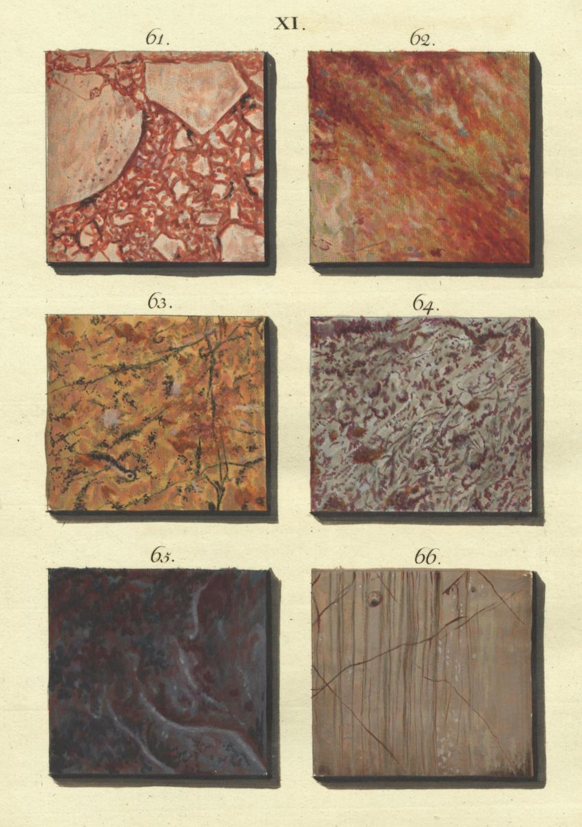 A vintage illustration showcasing six square samples of marbled paper or stone, numbered 61 through 66, arranged in a 2x3 grid on a pale yellow background.