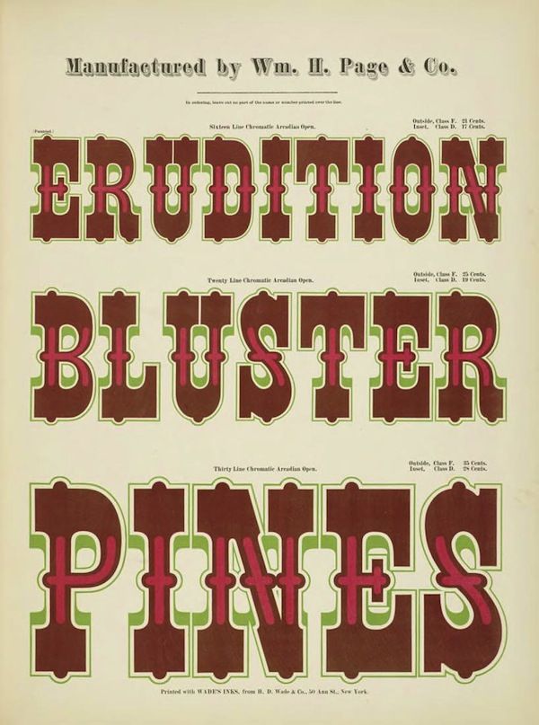 A vintage lithograph advertising chromatic open typefaces manufactured by Wm. H. Page & Co. Three lines of large, decorative lettering are prominently displayed, each showcasing a different typeface.