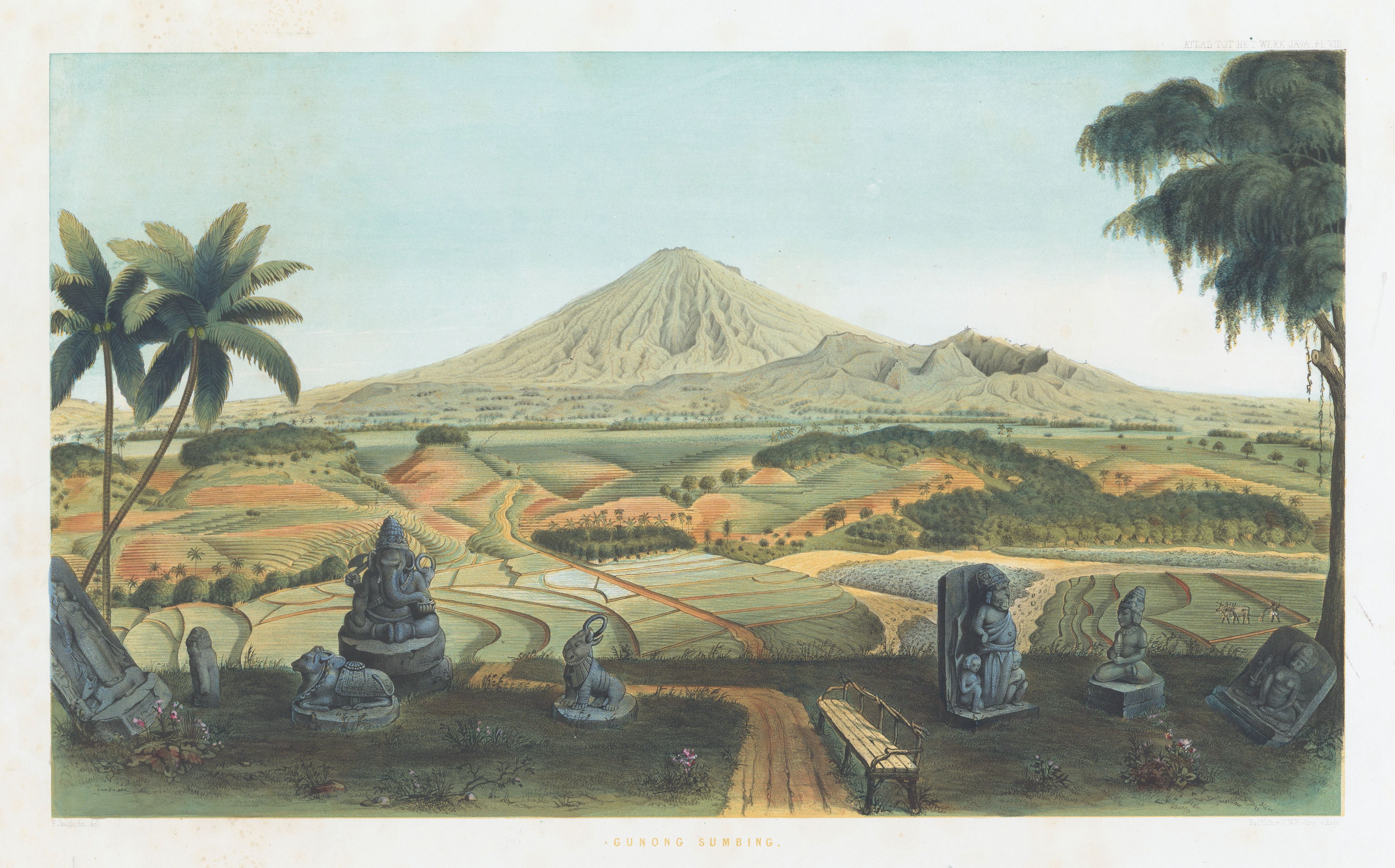 Vintage lithograph of a landscape with a mountain, statues, and a garden.