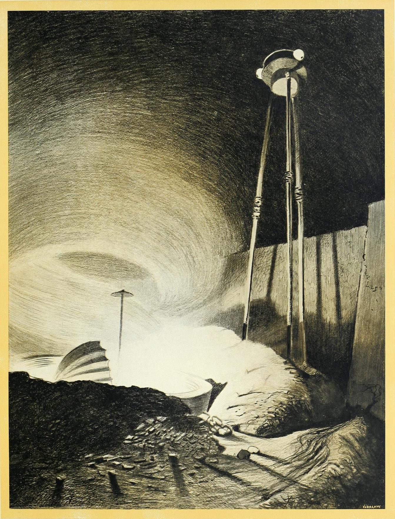 Black and white illustration of a desolate landscape with tall, slender towers topped with spherical elements, set against a swirling, glowing light source.