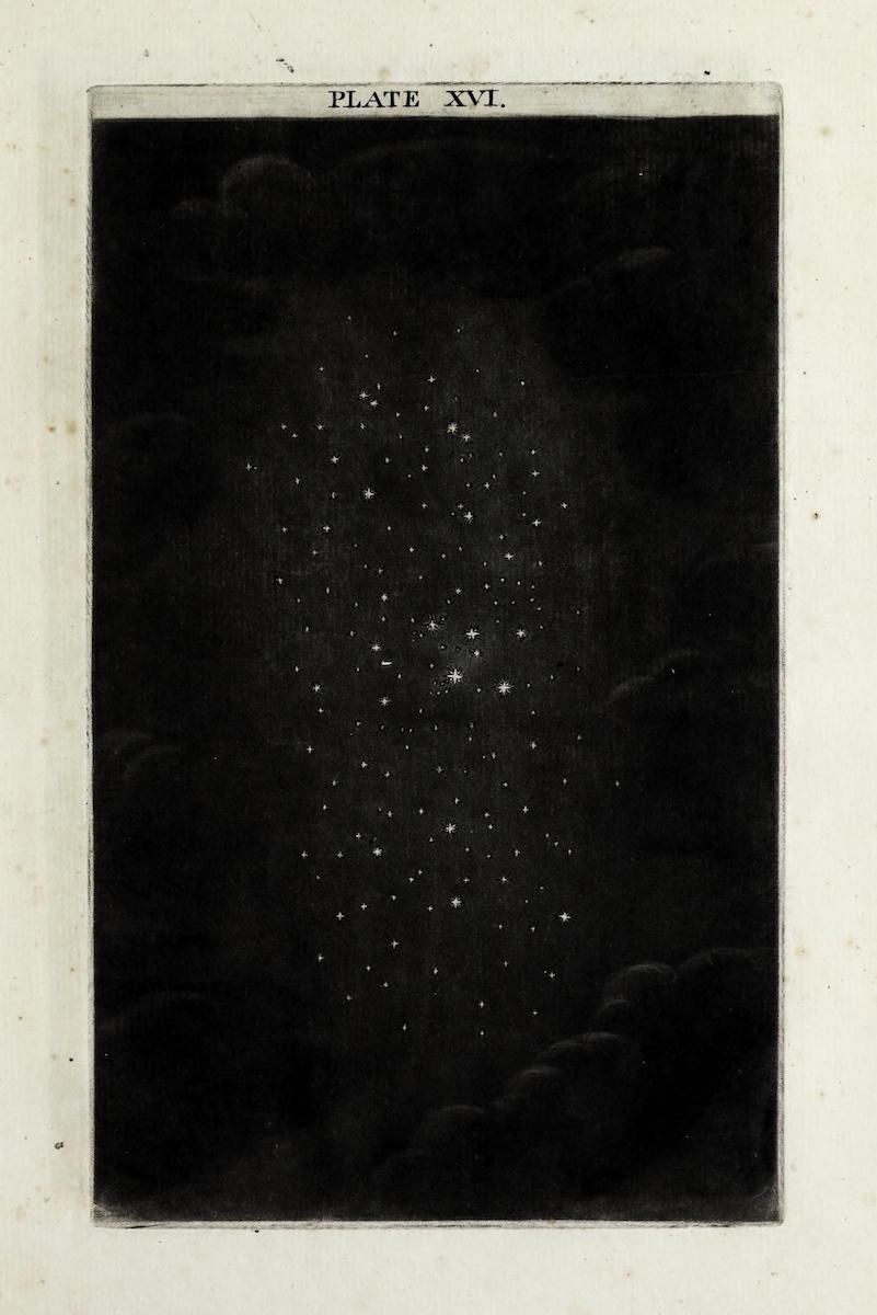 A vintage illustration of a star cluster, labeled 'PLATE XVI.' against a dark background.