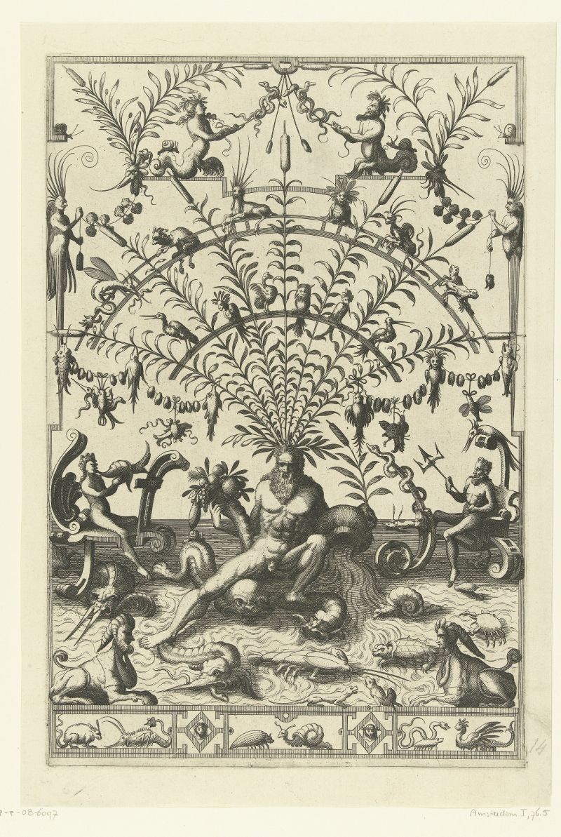 A detailed black and white engraving depicting a fantastical scene within a decorative border.