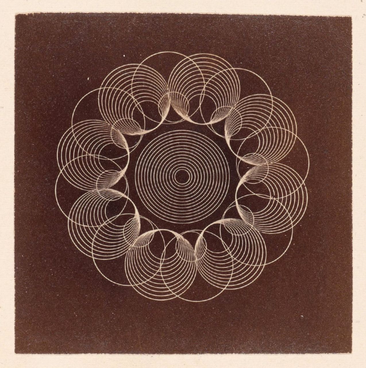 A square illustration featuring a complex geometric pattern of concentric circles and spirals against a dark brown background.
