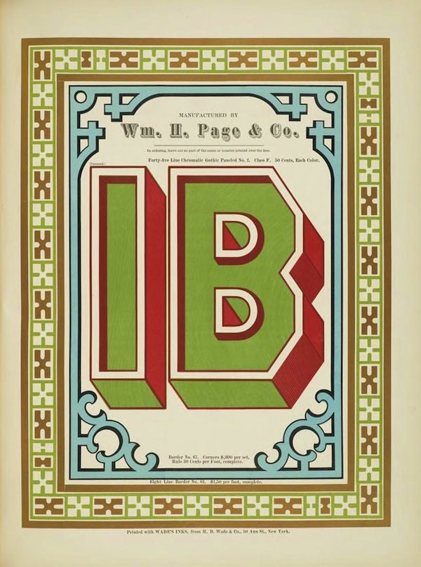 A vintage advertisement featuring a large, stylized letter 'B' in red and green, surrounded by ornate borders and text.