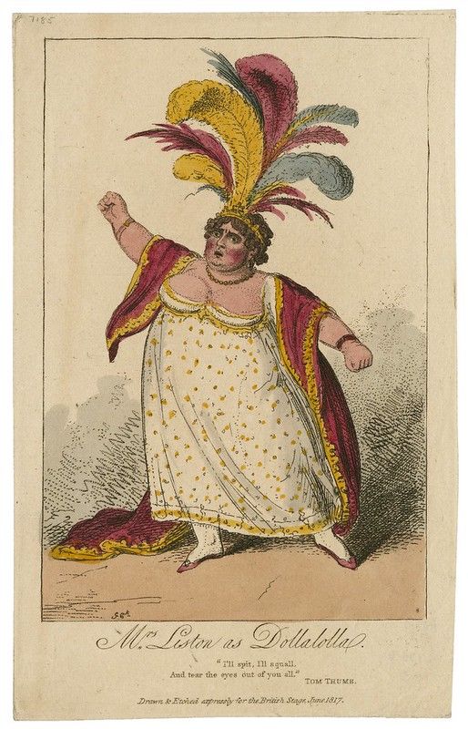 A vintage print of Mr. Liston as Dollabella, a stout man dressed as a woman in a white dotted dress and elaborate feathered hat, striking a dramatic pose on stage.