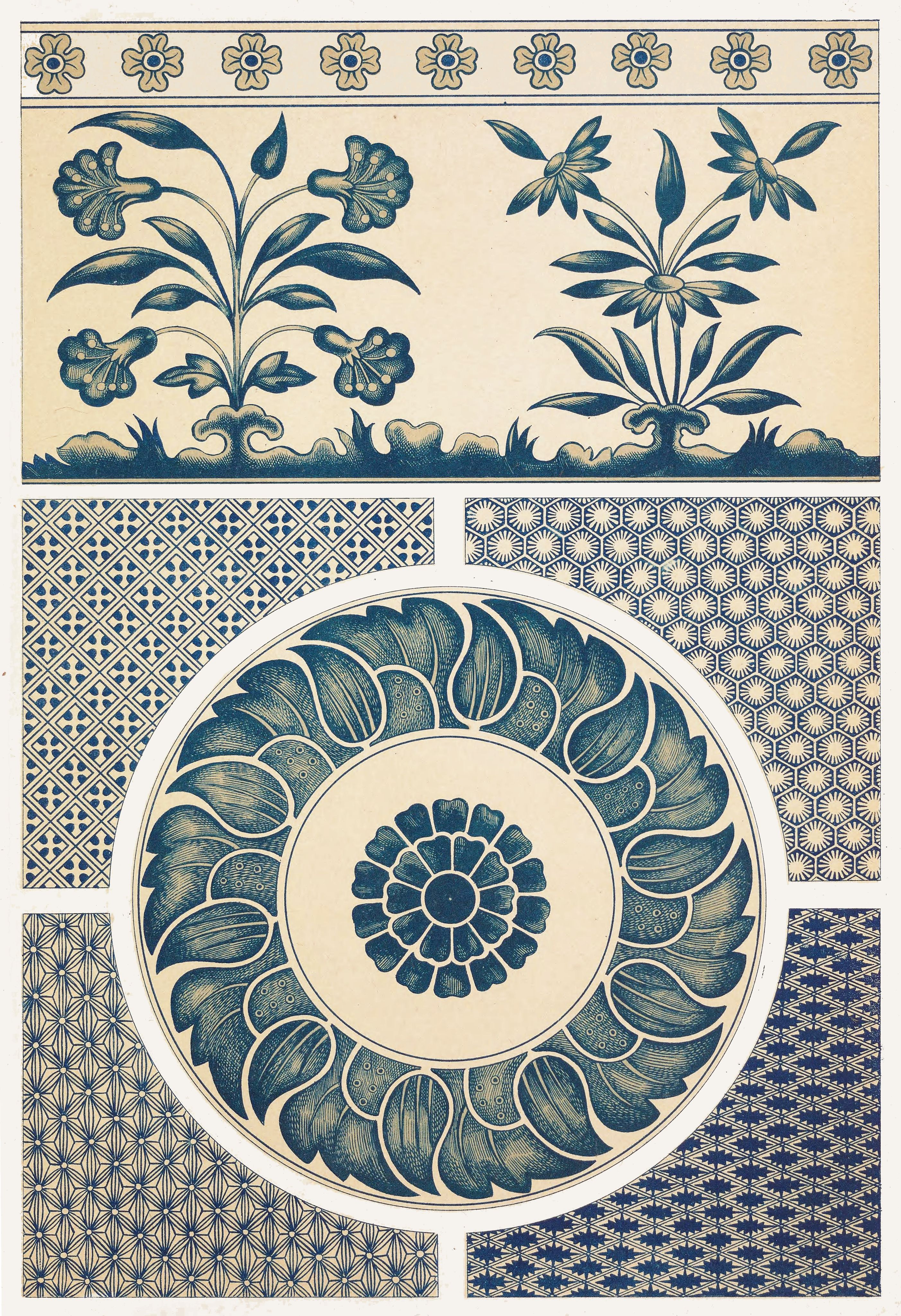 A vintage-style illustration featuring a collection of repeating patterns and designs in a muted blue-gray on a cream background.