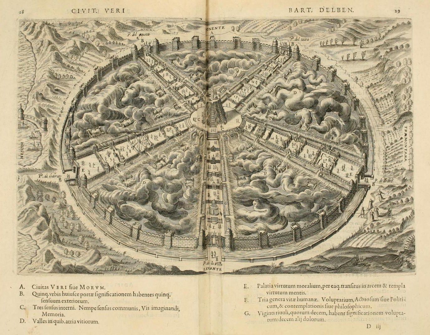 Antique engraving of a circular city surrounded by mountains and a river, with Latin text identifying various features.