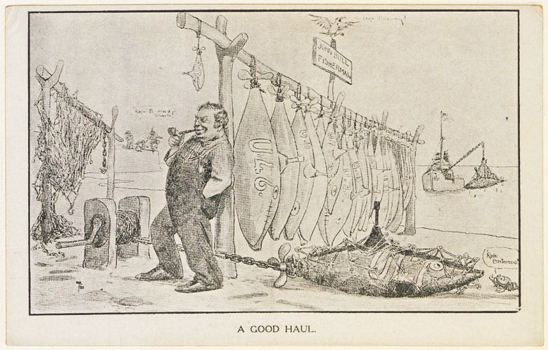 A black and white cartoon titled "A Good Haul." A stout man stands next to a dock, proudly displaying a large chain connected to a massive fish. Numerous smaller fish hang from a wooden structure, and a sign reads "John Bull Fisherman."