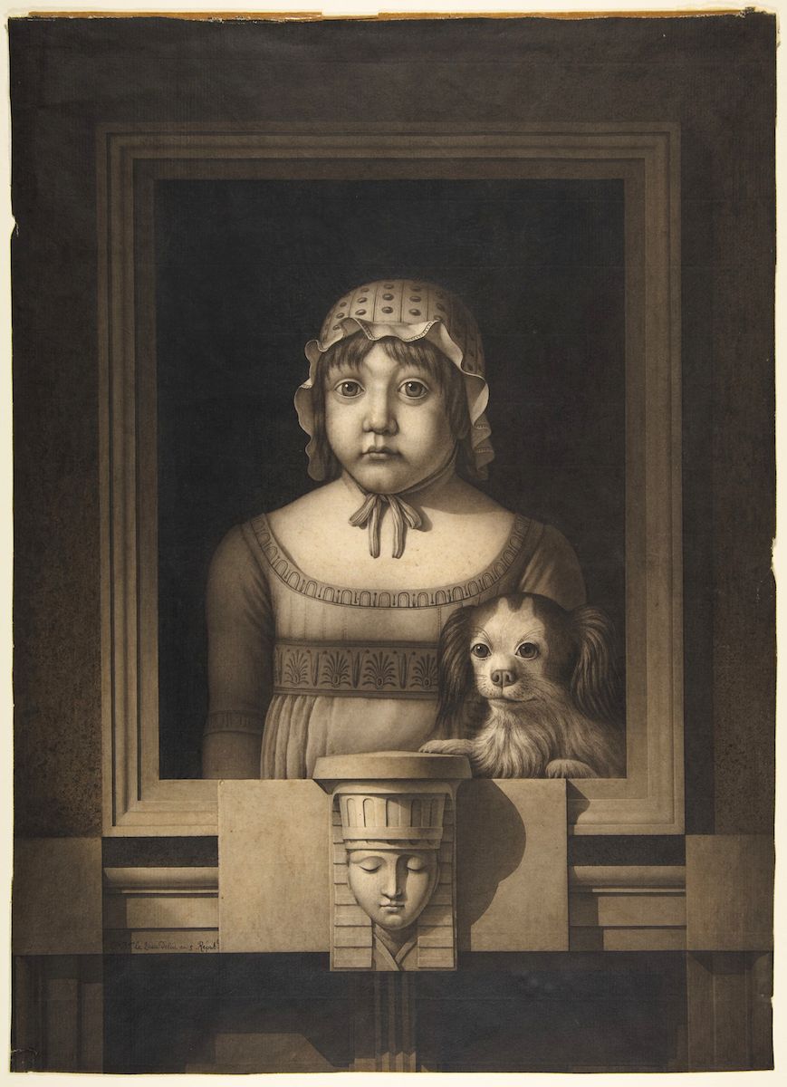 Sepia-toned photograph of a framed portrait depicting a child holding a dog, with a stone bust below.
