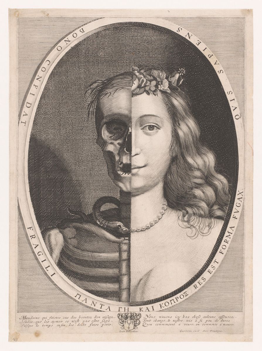 A black and white engraving depicting a half-portrait of a man, dramatically split down the middle. One side of his face is a youthful, living portrait, while the other is a stark, detailed skull.
