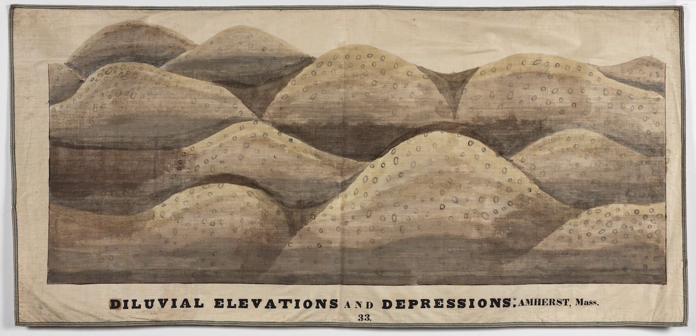 Sepia-toned illustration of 'DILUVIAL ELEVATIONS AND DEPRESSIONS; AMHERST, Mass.' showing undulating hills and valleys with stippled texture.