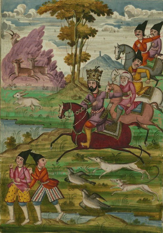 A vibrant painting depicting a hunting scene with figures on horseback and hounds chasing prey in a lush landscape.