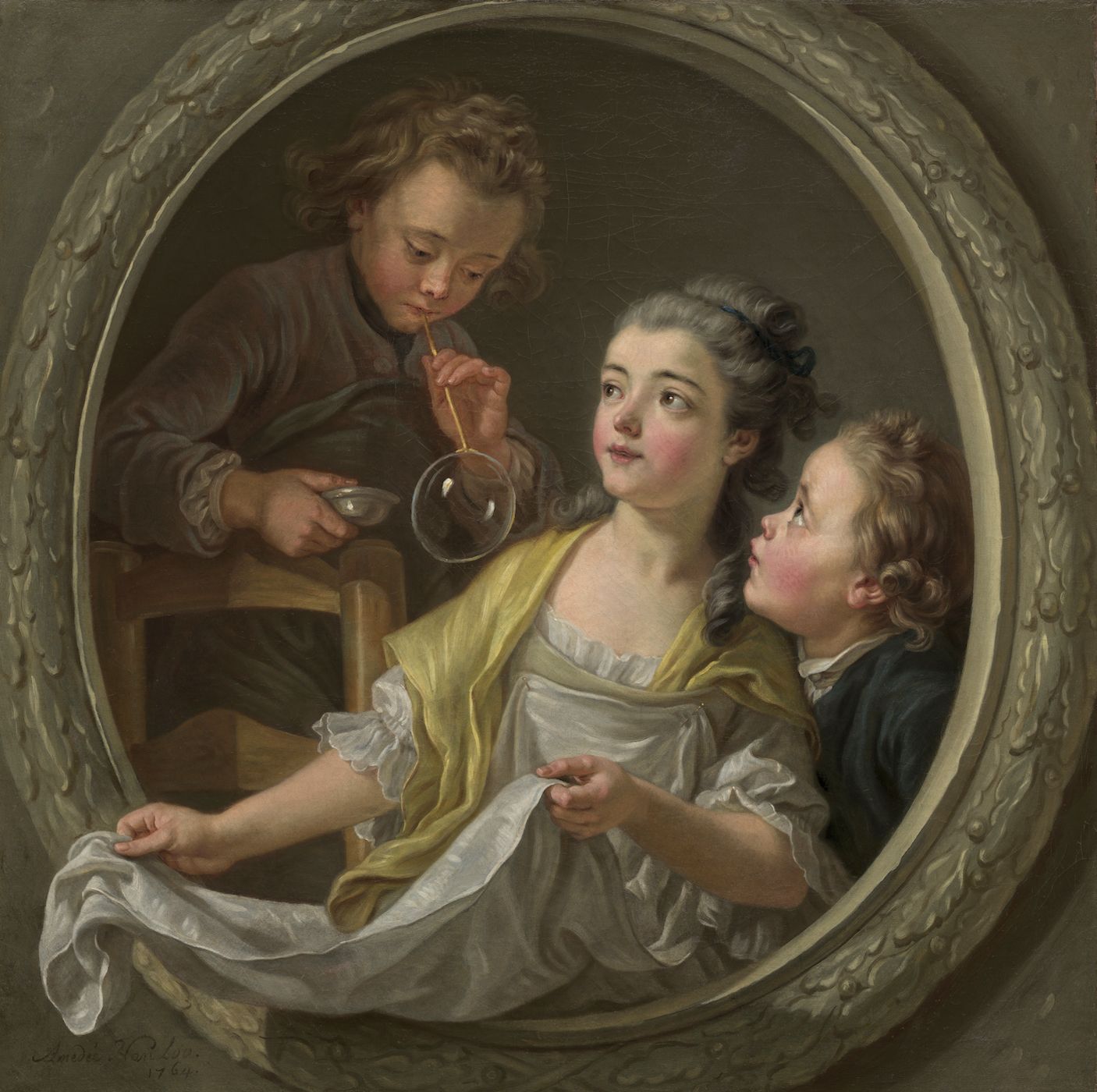 A painting of three children blowing bubbles, framed in an ornate oval.