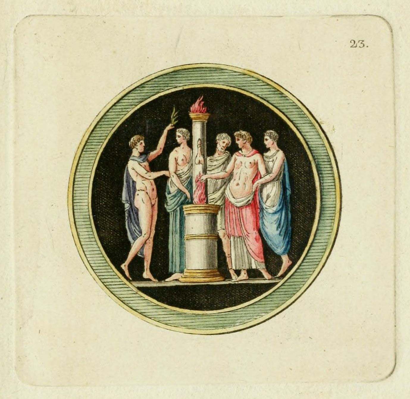 A circular illustration depicting five figures in classical garments gathered around a burning altar with a flame on top. The scene is framed by an oval border with a decorative pattern.