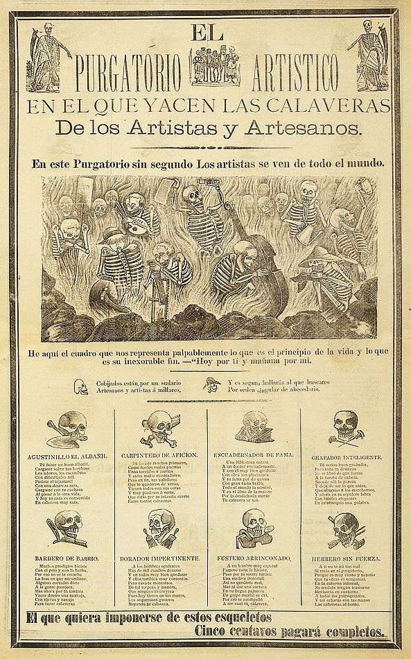 A vintage lithographic poster titled "El Purgatorio Artistico" (The Artistic Purgatory). It's a colorful, detailed piece with a macabre theme, depicting skeletons engaged in various artistic and craft professions.
