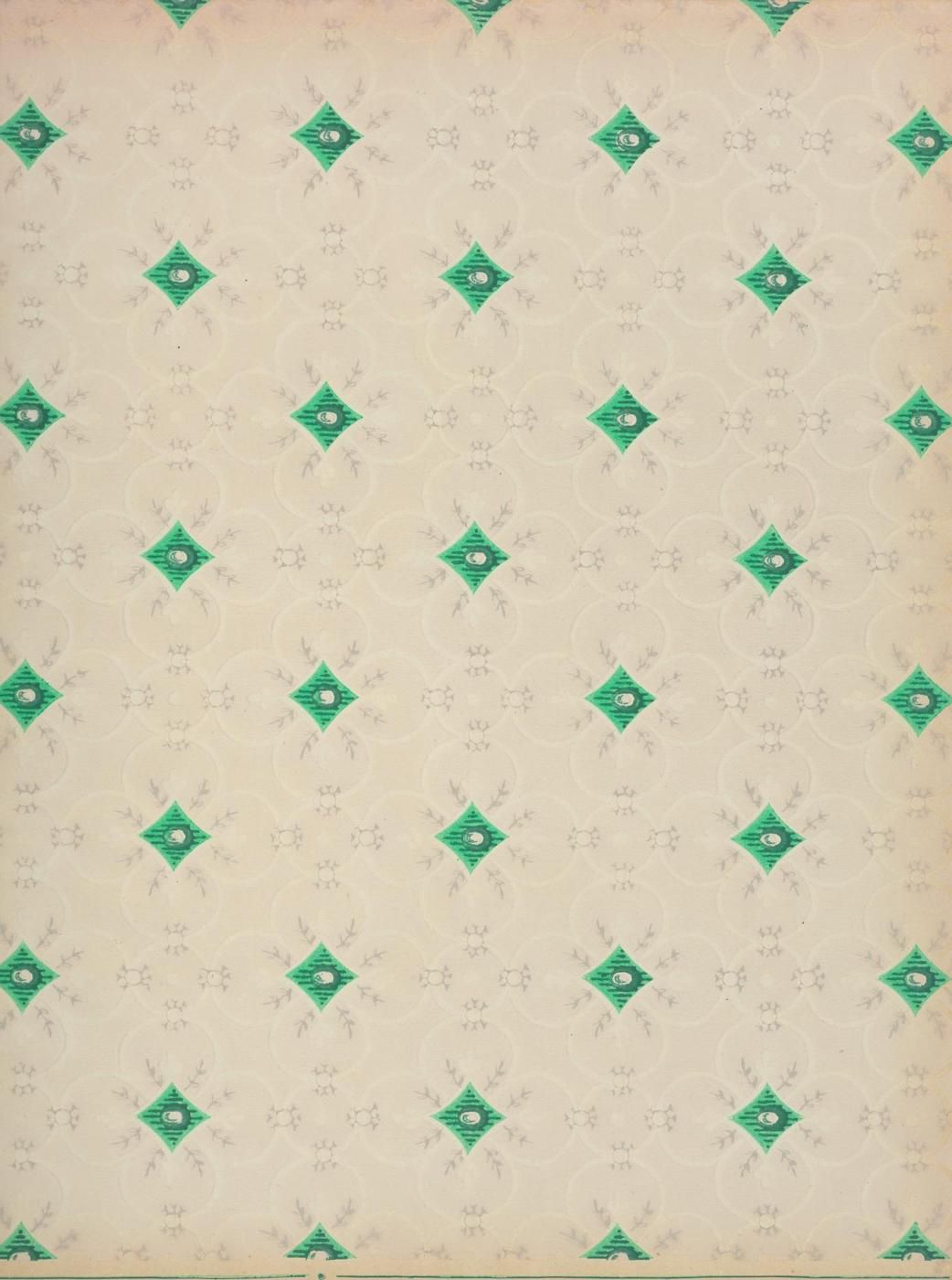 Vintage wallpaper with teal diamonds on a beige background.