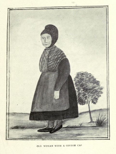 An illustration of an old woman wearing a cotton cap and a long dress, standing in a landscape with a tree.