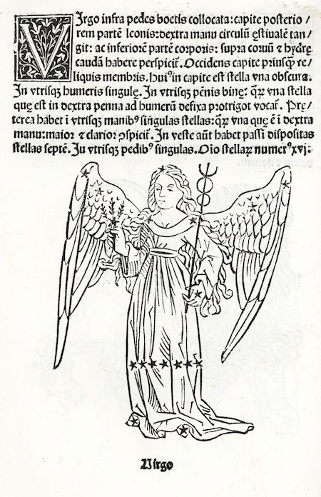 A black and white woodcut illustration of an angel surrounded by stars, holding a scepter, with ornate text surrounding the image.