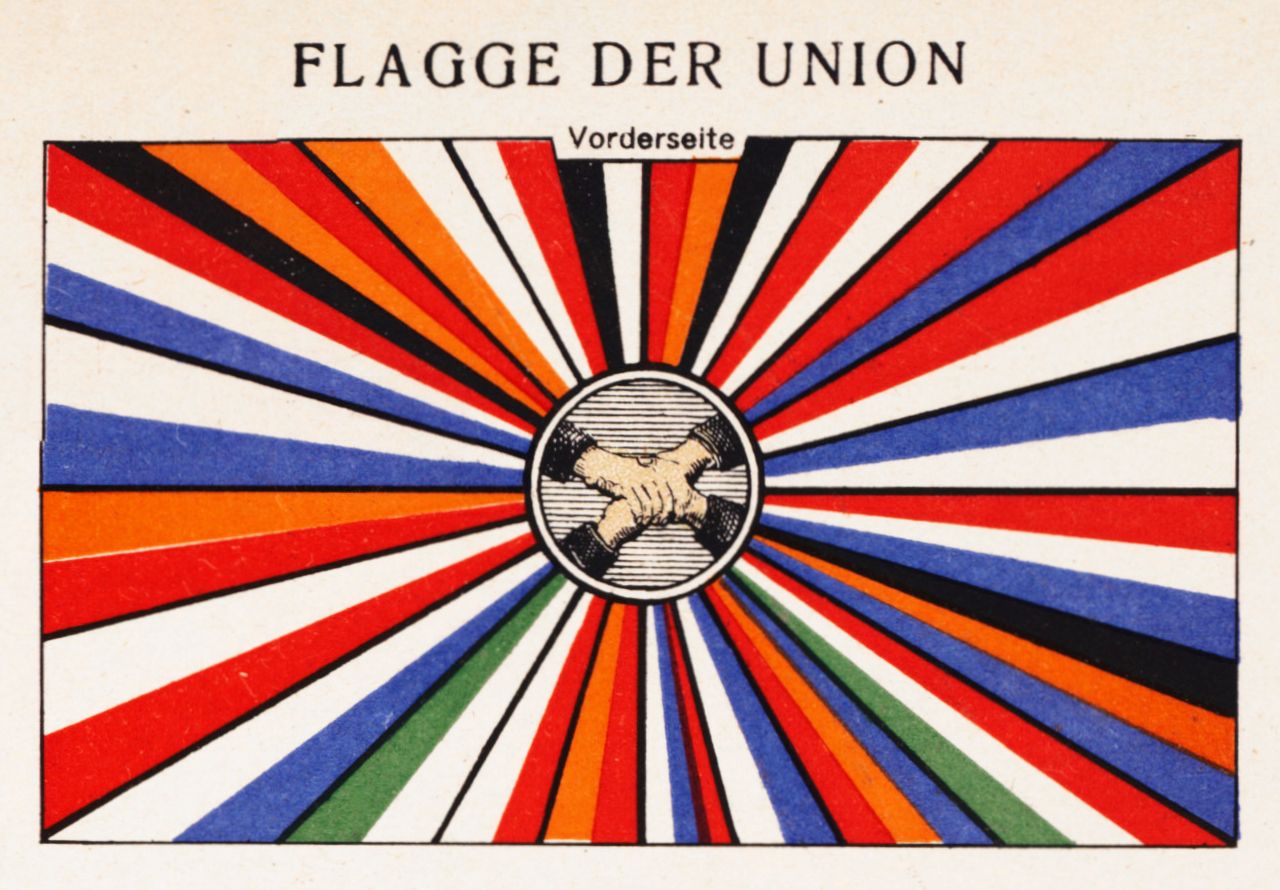 Vintage illustration of a flag with radial stripes and a central handshake emblem.