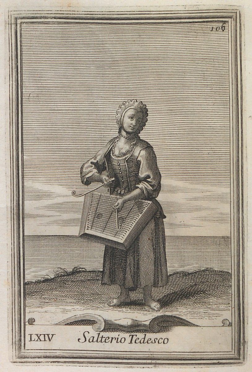 A black and white engraving of a woman playing a zither-like instrument. She is dressed in historical clothing and stands in a simple landscape. The text 'LXIV Salterio Tedesco' is at the bottom.
