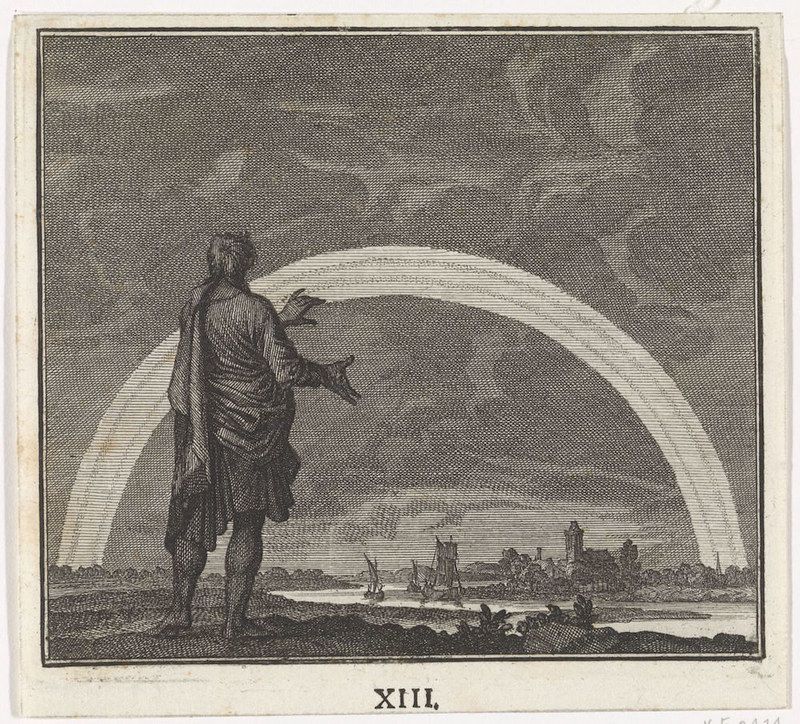 Engraving of a figure gesturing towards a rainbow over a city and harbor.
