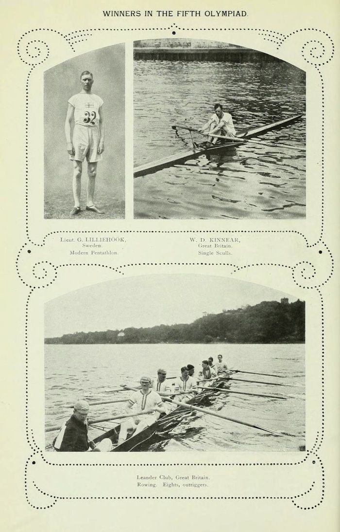 Vintage black and white photograph collage showcasing winners from the Fifth Olympiad.