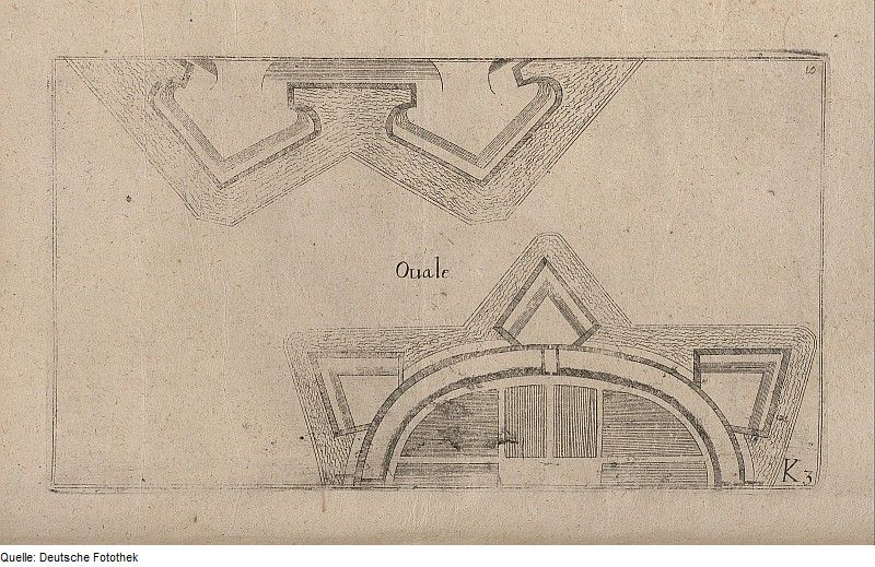 Historical architectural drawing of an oval-shaped fortress with detailed walls, bastions, and angles.