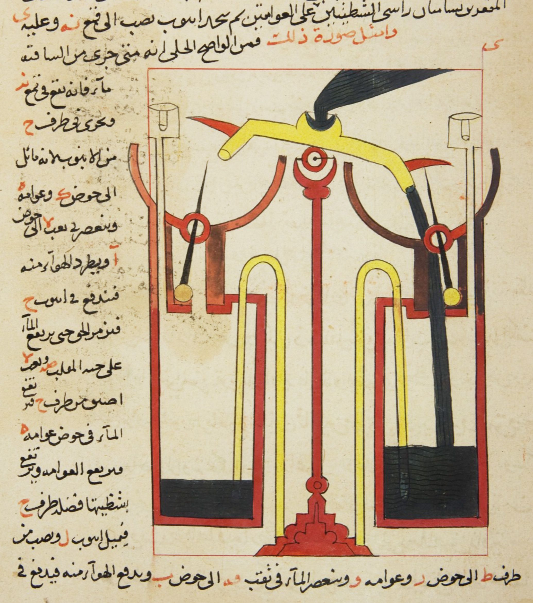 A page from an old manuscript with a detailed illustration of a complex mechanical device, possibly a water-raising machine. The illustration is rendered in vibrant colors and surrounded by Arabic calligraphy.