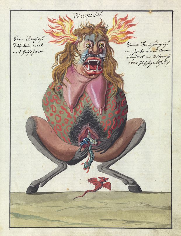 A colorful illustration of a fantastical creature called 'Wamidal', seated in a lotus position with dragons emerging from its body. Handwritten notes surround the creature.