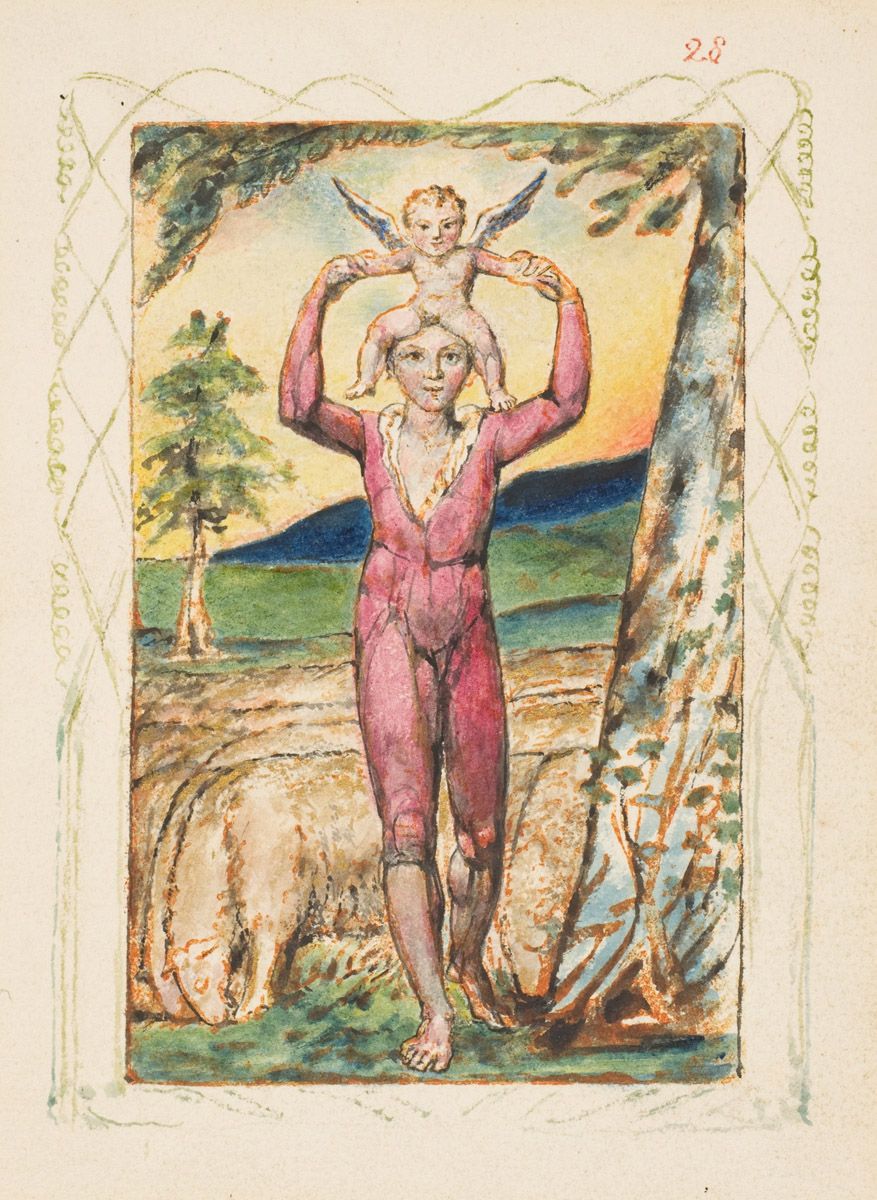 Watercolor painting by William Blake of a nude male figure carrying a small child on his shoulders in a landscape.