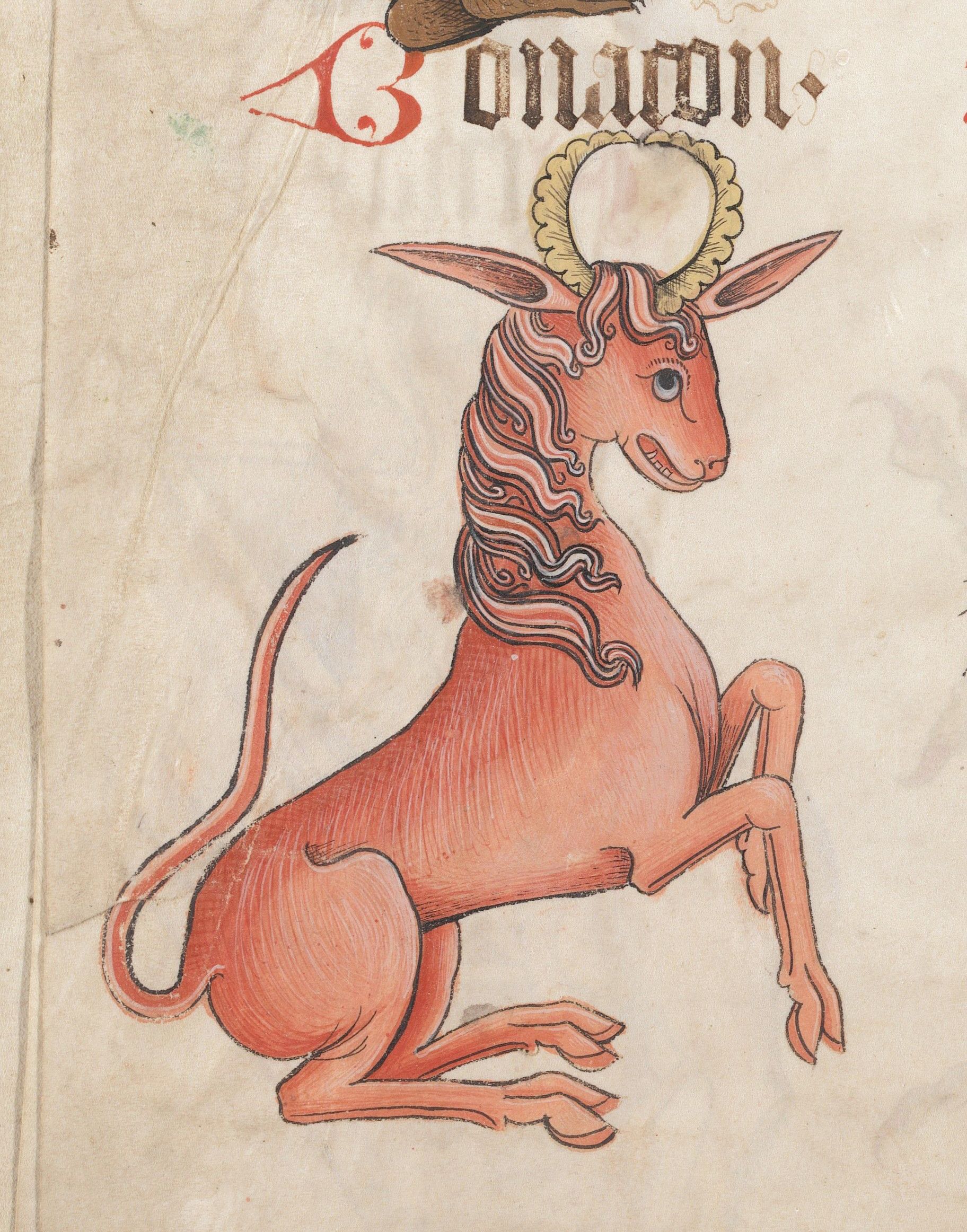 A detailed illustration of a reddish-brown goat with curved horns and a floral wreath, from a medieval manuscript page.