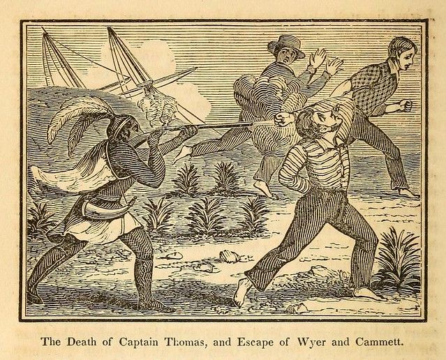 A black and white woodcut illustration depicting a dramatic scene titled 'The Death of Captain Thomas, and Escape of Wyer and Cammett.' A Native American warrior shoots Captain Thomas while Wyer and Cammett flee.