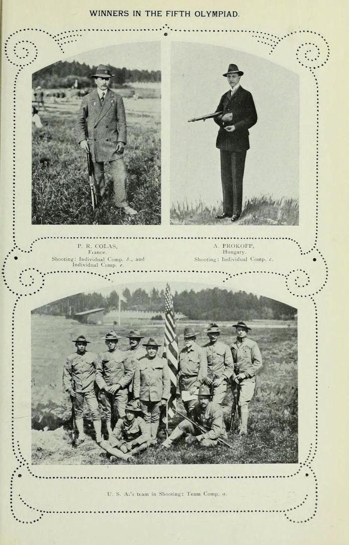 A vintage black and white photograph from the Fifth Olympiad, showcasing the winners in shooting competitions. The image features individual competitors and a team, all in shooting stances with rifles, and is framed with a decorative border.