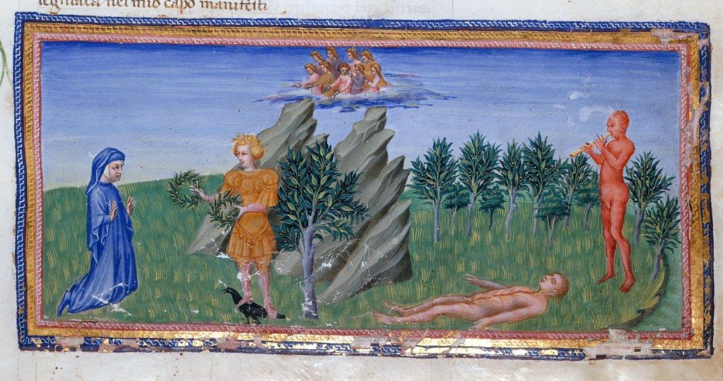 Medieval manuscript illumination depicting a scene with several figures in a landscape.