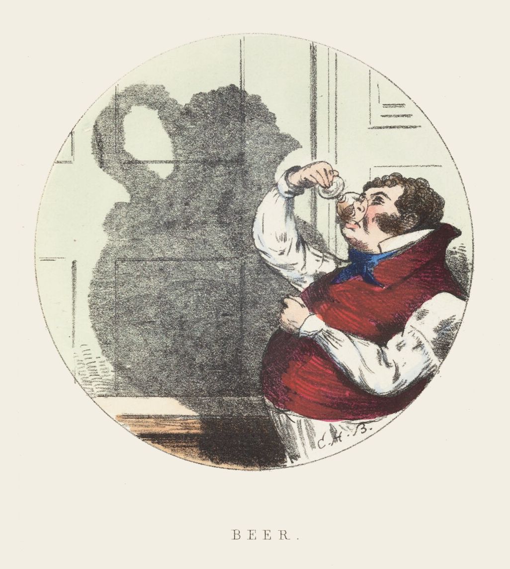 Vintage illustration of a stout man drinking beer, with a large shadow of the mug cast on the wall. The word 'BEER' is written below the image.