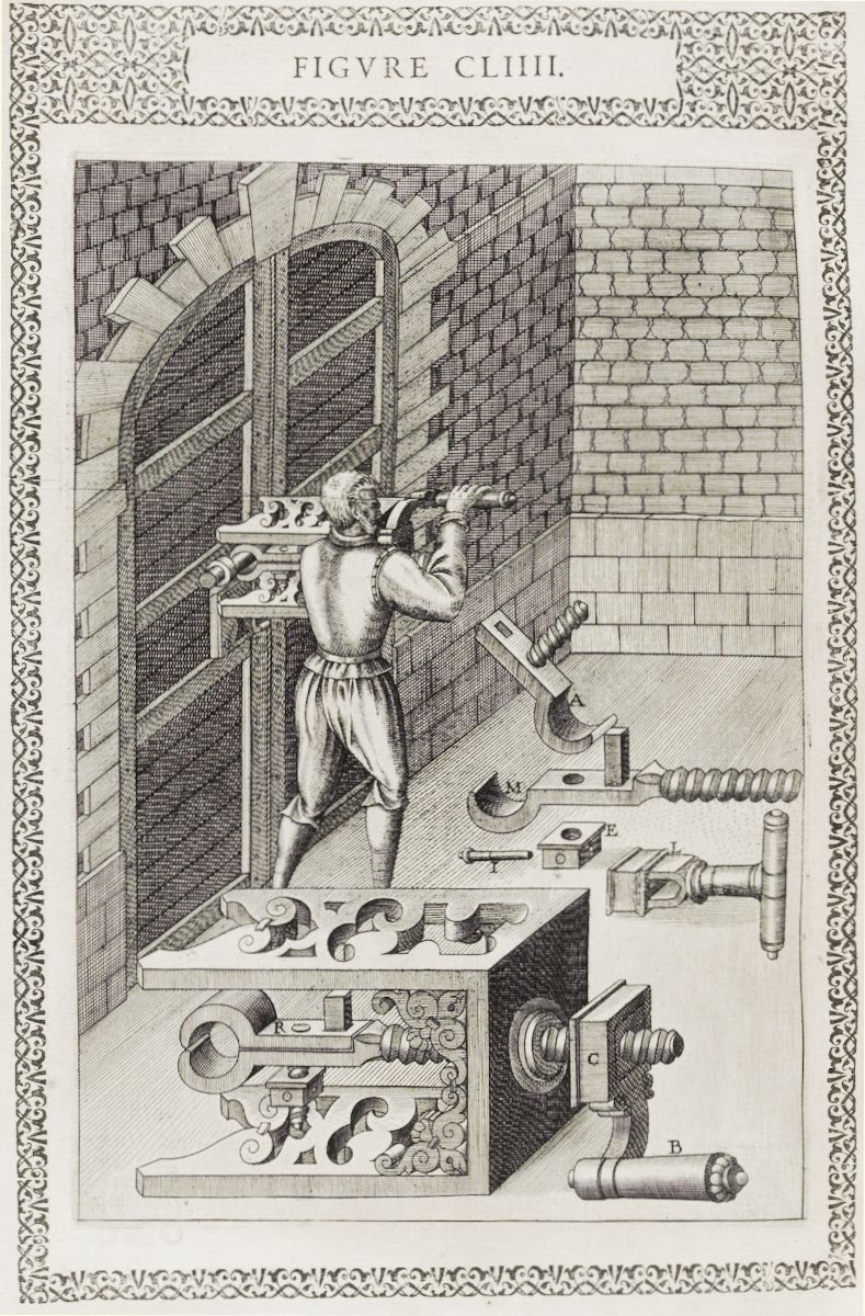 A detailed black and white engraving depicting a complex mechanical device and a man operating it.