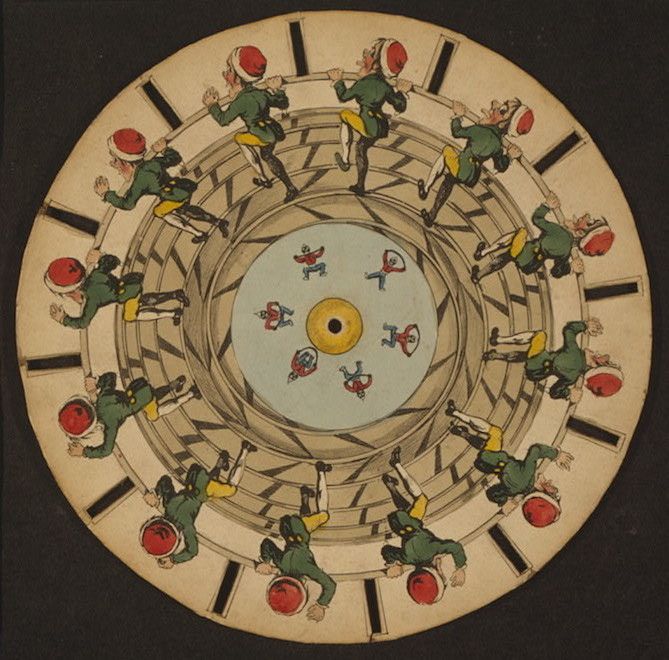 A circular illustration of repeating figures in military uniforms, arranged in a radial pattern around a central hub, reminiscent of a phenakistoscope disc.