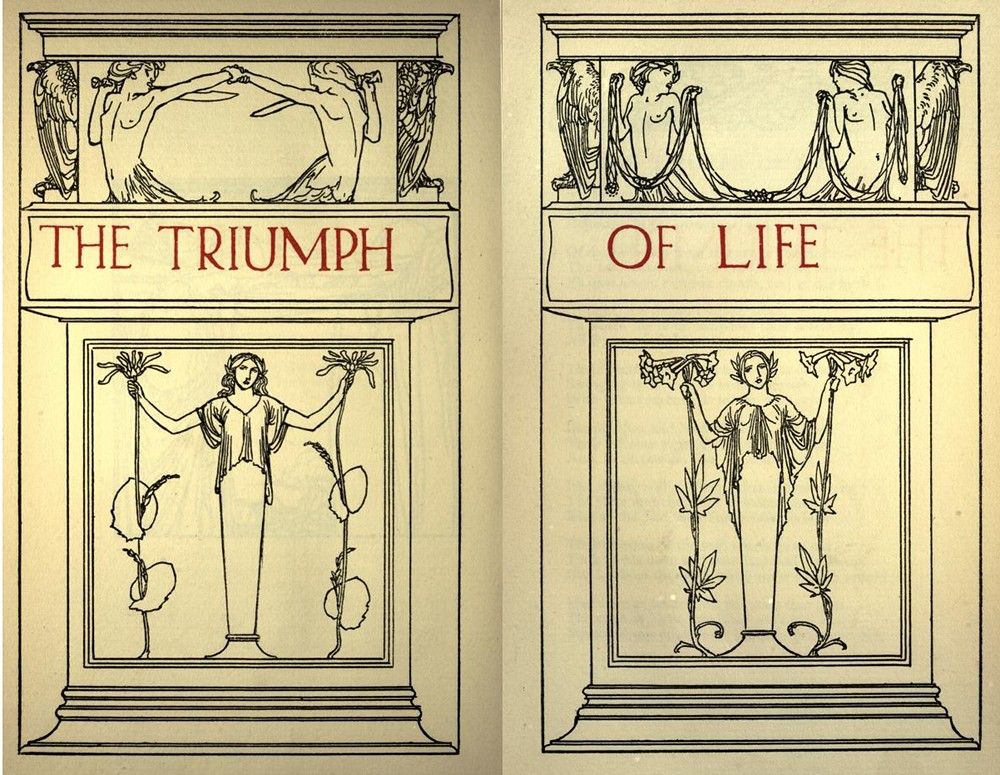 Two pages from a vintage book with ornate classical designs and text.