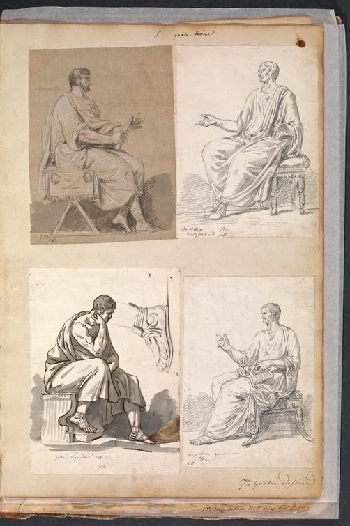 A page from a sketchbook with four pencil and ink sketches of a man in classical attire.