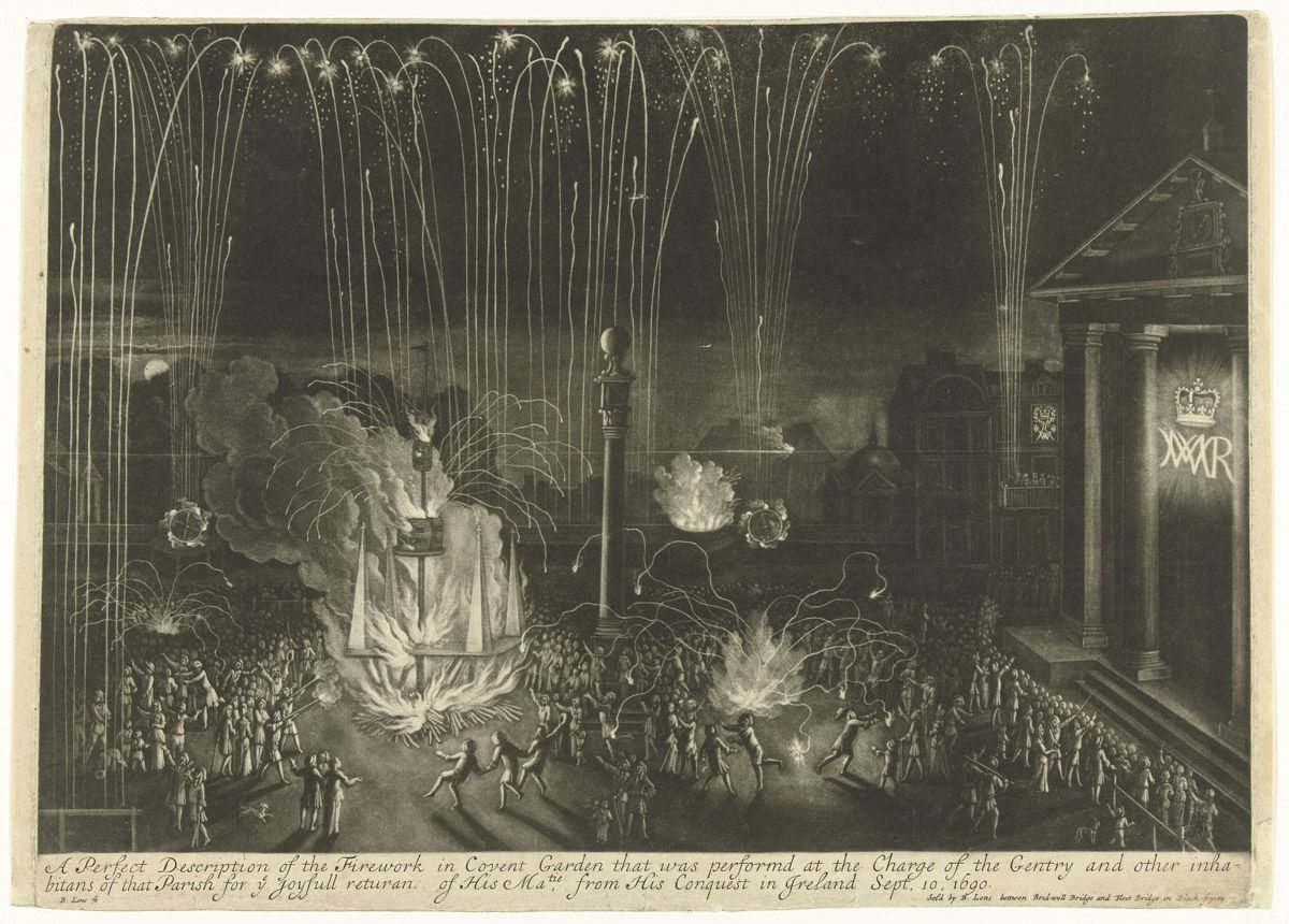 A vintage engraving depicting a grand firework display in Covent Garden, London, on September 10, 1690, celebrating the return of His Majesty from his conquest in Ireland.