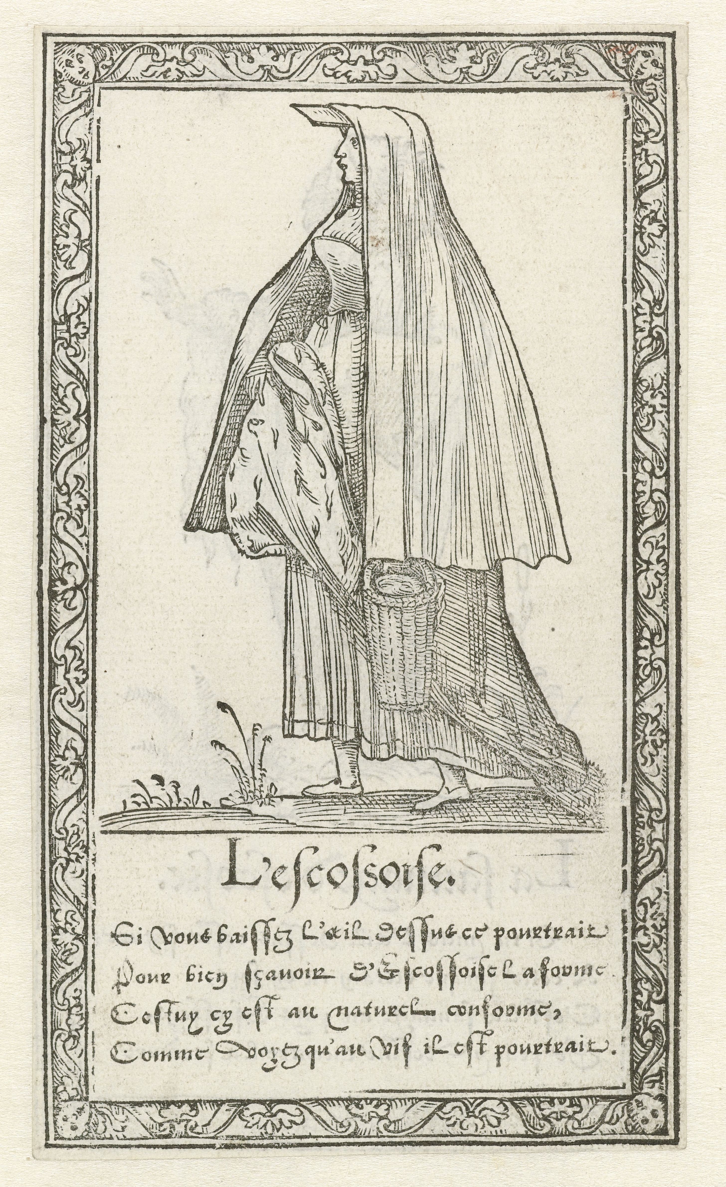 A black and white engraving of a woman in a long dress and head covering, standing in a simple landscape. An ornate border surrounds the image, and a block of text in French is below it.