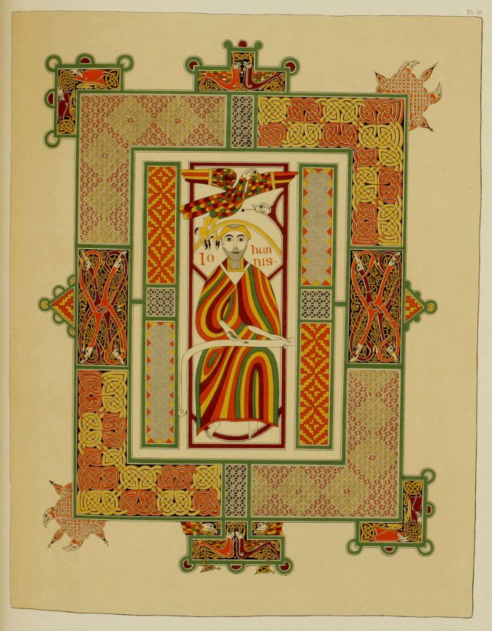 A page from an illuminated manuscript featuring a seated man within an ornate border of knotwork and interlace patterns.