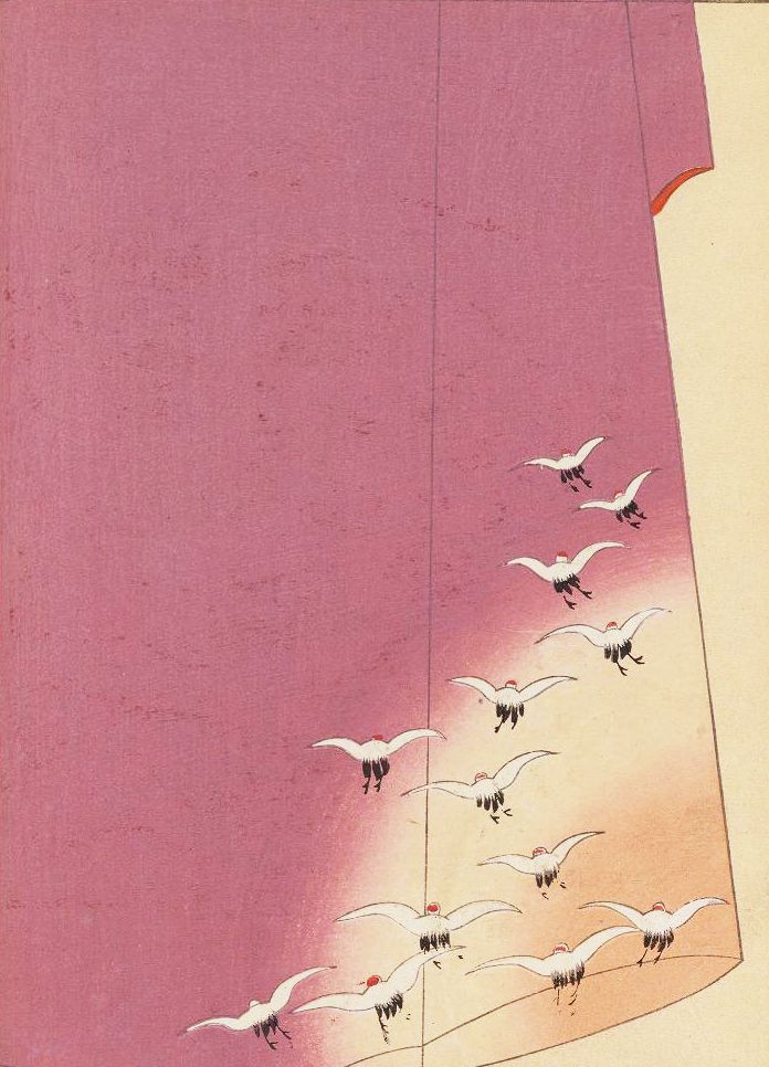 A flock of white cranes flies diagonally across a gradient background of pink and yellow, reminiscent of traditional Japanese art.