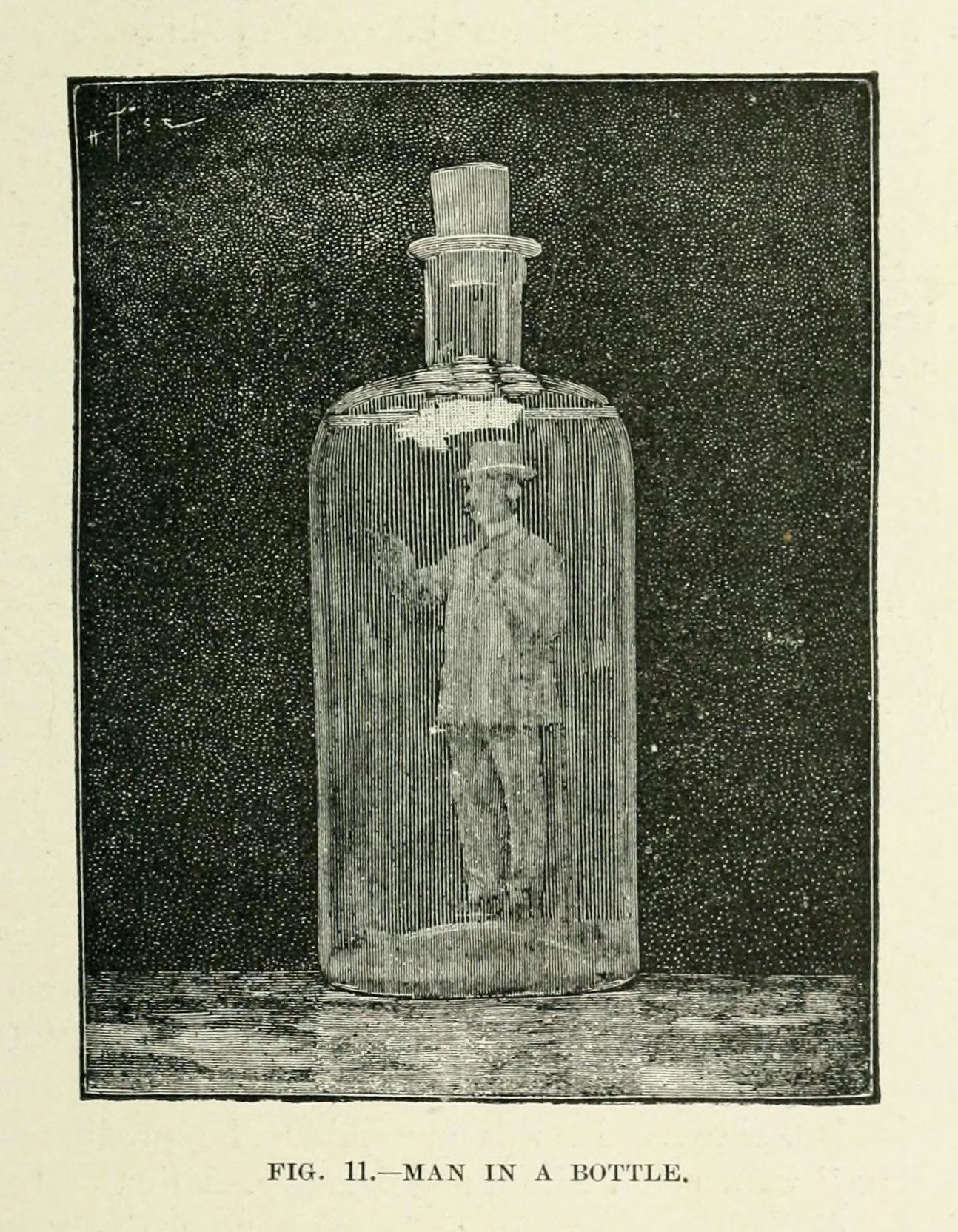 Vintage illustration of a small man inside a tall glass bottle.