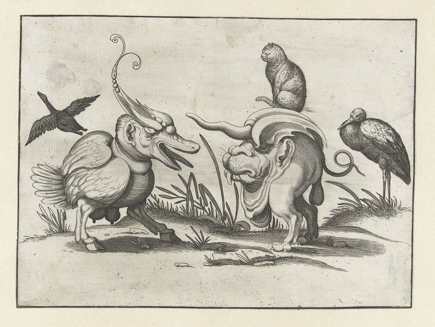 A black and white engraving depicting a fantastical scene with several hybrid creatures.