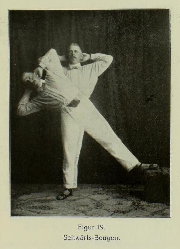 Vintage black and white photograph of a man demonstrating a side-bending exercise.
